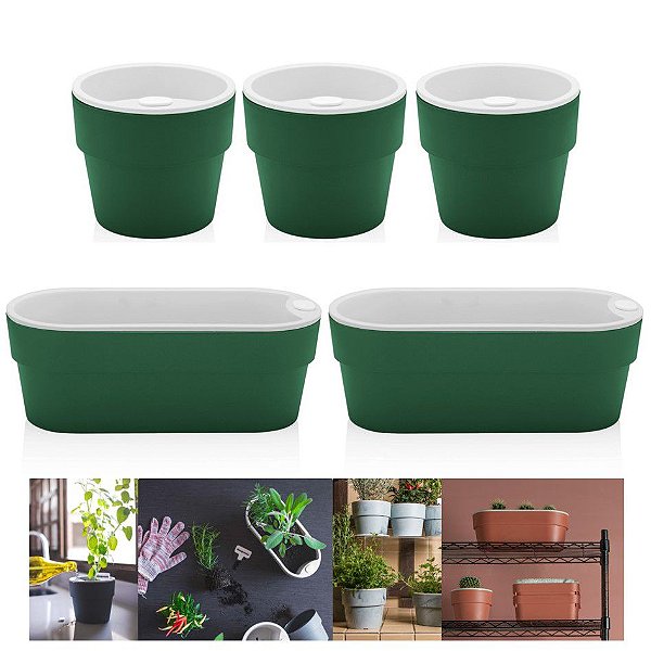 Kit Plantar 5 Vaso Autoirrigável Plantas Flor Tempero Jardim - Ou - Verde Botânico