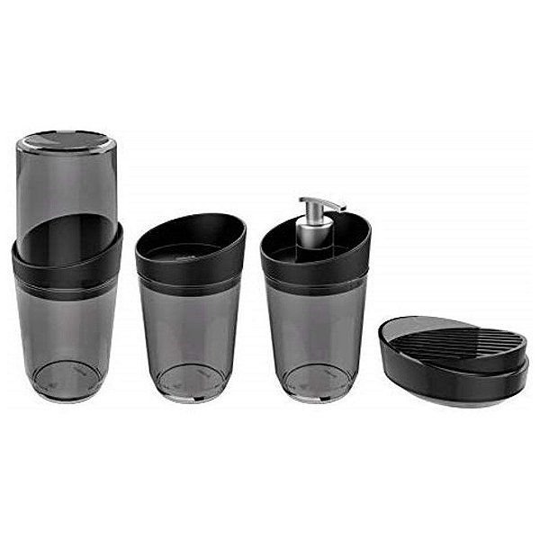 Kit 4 Pçs Banheiro Dispenser Porta Sabonete Escova Algodão Smart S - Crippa - Fumê