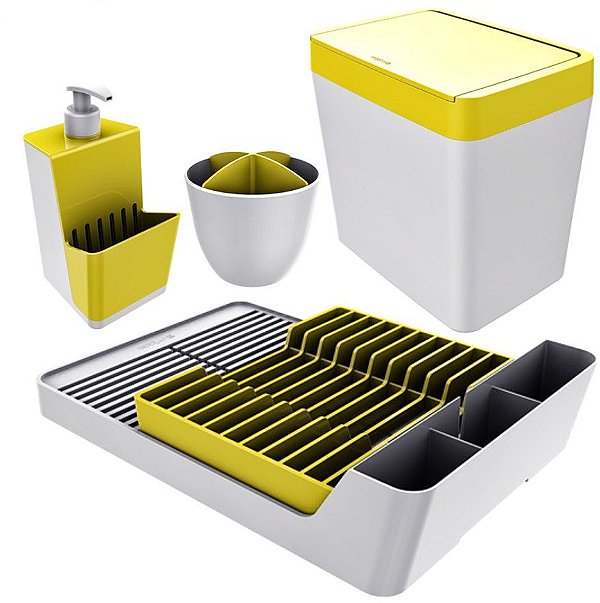 Kit Escorredor De Louças / Talheres + Dispenser Detergente + Lixeira - Branco Crippa - Branco/Amarelo