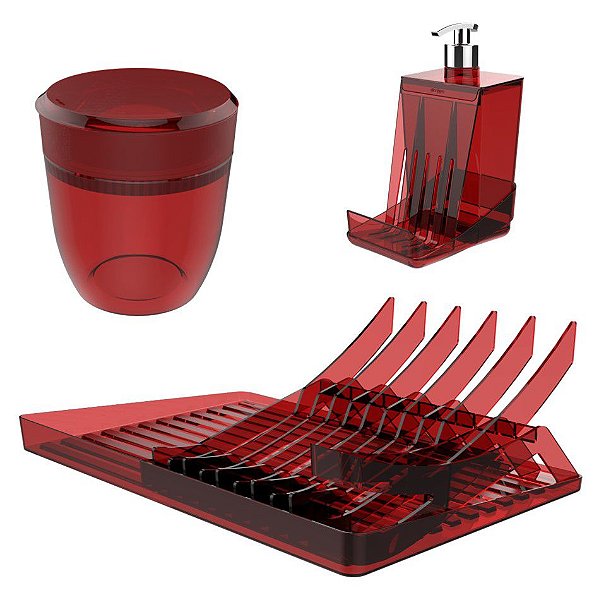 kit Escorredor Louças Copos + Dispenser Detergente + Lixeira - Smart S Crippa - Vermelho