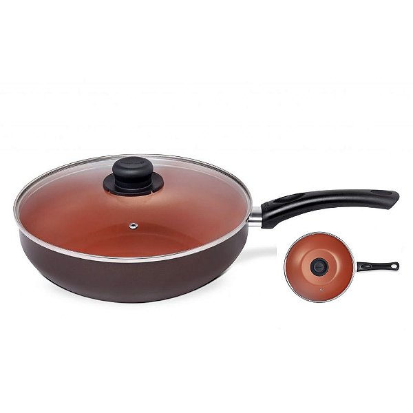 Panela Frigideira Wok Alumínio Antiaderente Ø28cm Com Tampa Vidro Baquelite Cozinha - 19228 Multiflon - Terracota