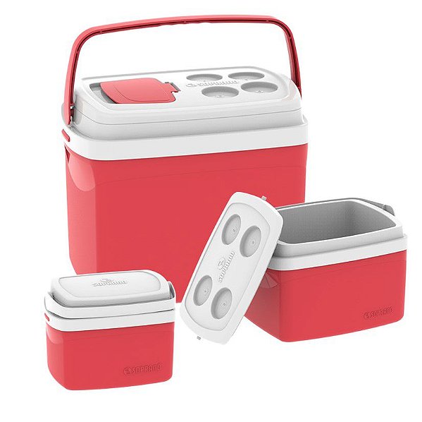 Combo Caixa Térmica 32 - 12 - 5 Litros Cooler Alimentos Bebidas - Soprano - Vermelho