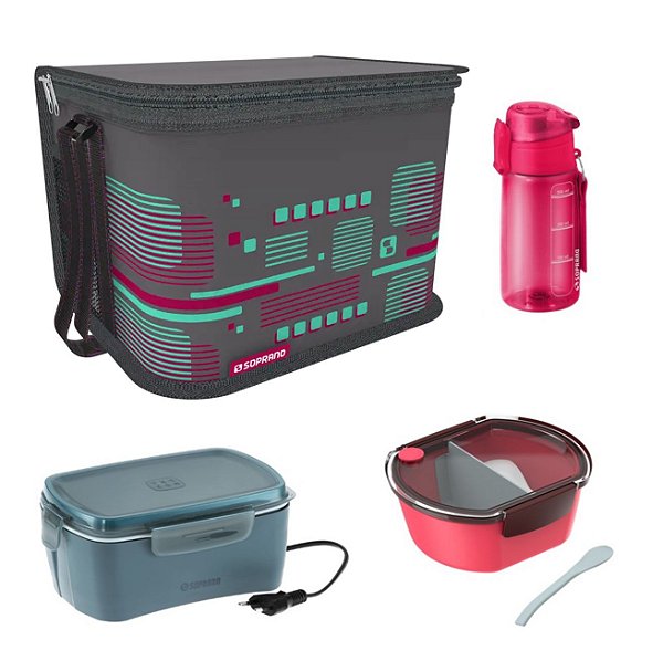 Kit Bolsa Térmica 9,5 L + Marmita Elétrica + Saladeira + Squeeze - Soprano - Bolsa Rosa