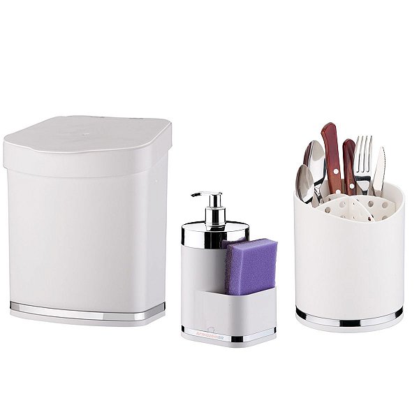 Kit Lixeira 2,5 Litros Escorredor Talheres Dispenser Porta Detergente Cozinha Branco Cromado - Future
