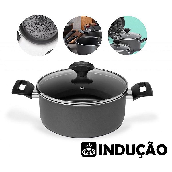 Panela Caçarola Ø22cm Fogão Indução Alumínio Antiaderente Tampa Cozinha - 88222 Multiflon - Chumbo