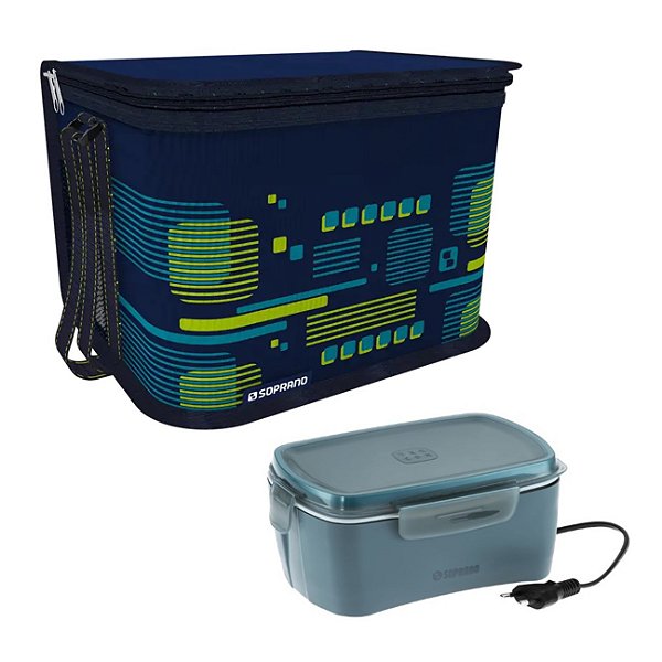 Kit Bolsa Térmica Cooler 9,5 Litros + Marmita Elétrica Bebidas Lanche - Soprano - Marmita Cinza + Bolsa Azul