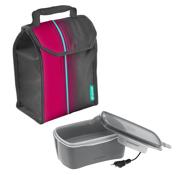 Kit Bolsa Térmica Lunch 4,2 L + Marmita Elétrica Bivolt Cinza Refeição - Soprano - Rosa