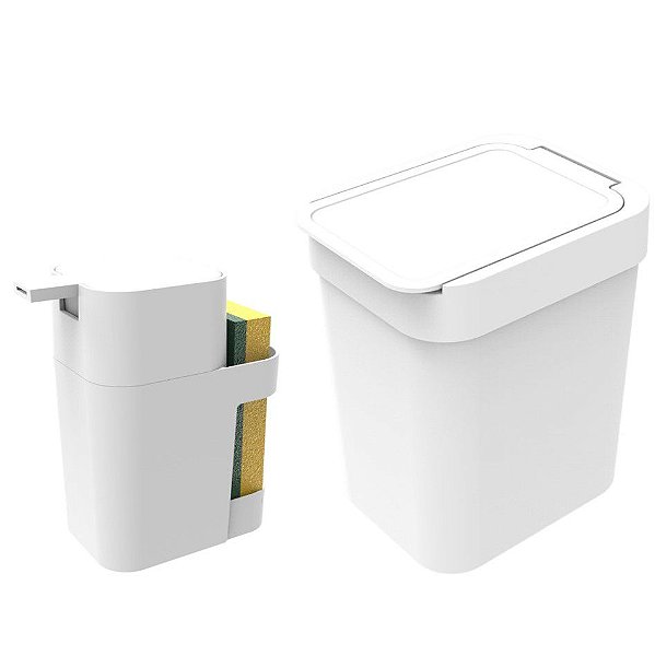 Kit Cozinha Dispenser Porta Detergente + Lixeira 2,5 Litros - Soprano - Branco