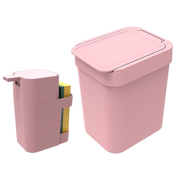 Kit Cozinha Dispenser Porta Detergente + Lixeira 2,5 Litros - Soprano - Rosa