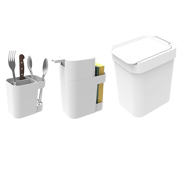 Kit Cozinha Dispenser Porta Detergente + Lixeira 2,5L + Suporte Talheres - Soprano - Branco