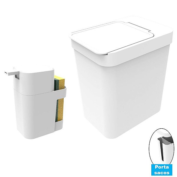 Kit Cozinha Dispenser Porta Detergente + Lixeira 5 Litros Porta Saco Plástico - Soprano - Branco