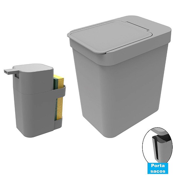 Kit Cozinha Dispenser Porta Detergente + Lixeira 5 Litros Porta Saco Plástico - Soprano - Cinza