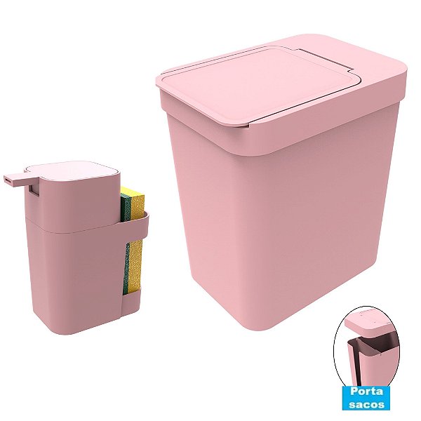 Kit Cozinha Dispenser Porta Detergente + Lixeira 5 Litros Porta Saco Plástico - Soprano - Rosa