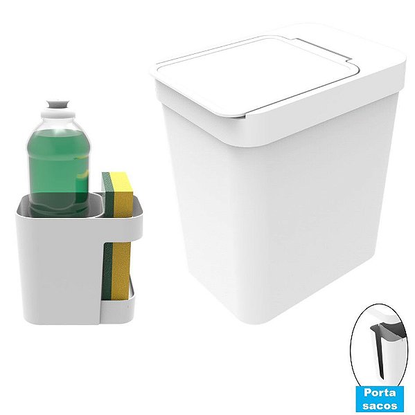 Kit Cozinha Organizador Pia Porta Detergente + Lixeira 5 Litros Porta Saco Plástico - Soprano - Branco