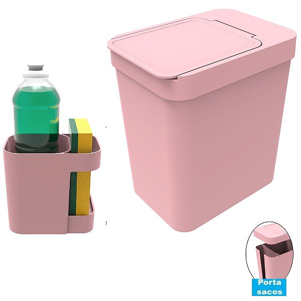 Kit Cozinha Organizador Pia Porta Detergente + Lixeira 5 Litros Porta Saco Plástico - Soprano - Rosa