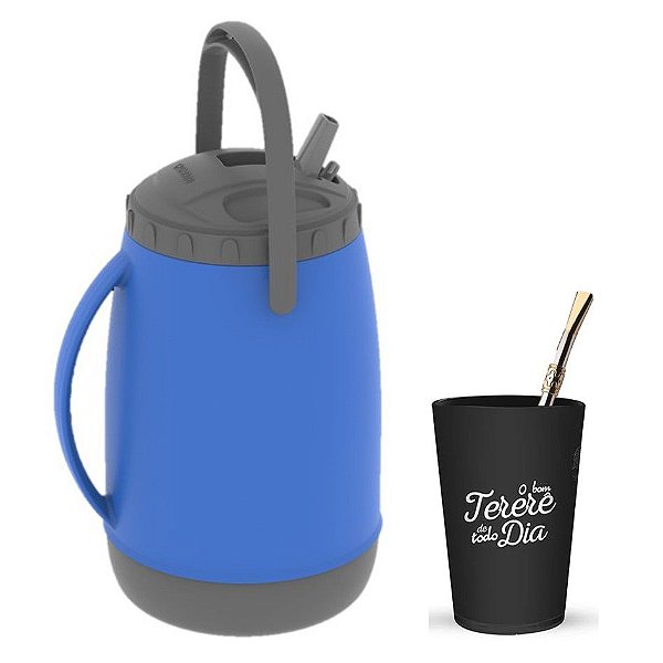 Kit Tererê Copo Plástico + Bomba Niquelado 19cm + Garrafa Térmica 2,5L - Soprano - Azul