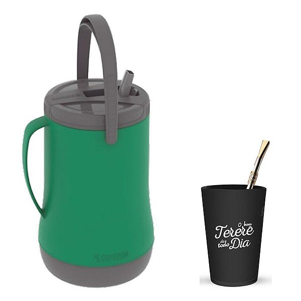 Kit Tererê Garrafa Térmica 2,5l + Copo Plástico + Bomba 19cm Niquelado - Soprano - Verde/Preto