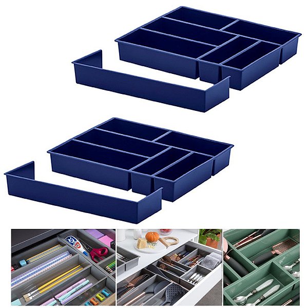 Kit 2 Organizador De Gaveta Divisor Porta Talheres Com Extensor 40x33x6,5cm - Paramount - Azul Marinho