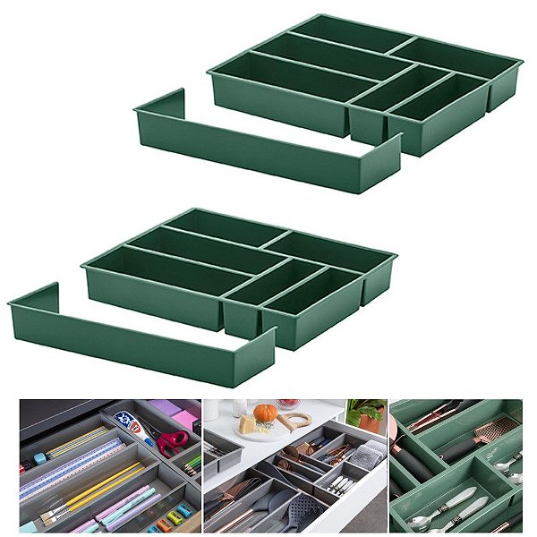 Kit 2 Organizador De Gaveta Divisor Porta Talheres Com Extensor 40x33x6,5cm - Paramount - Verde