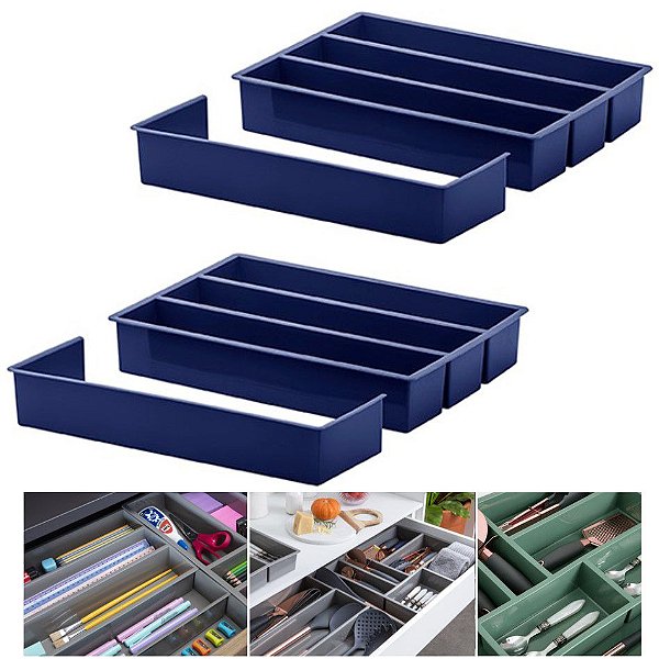 Kit 2 Organizador De Gaveta Porta Utensílios Talheres Com Extensor 35x25x6,5cm - Paramount - Azul Marinho