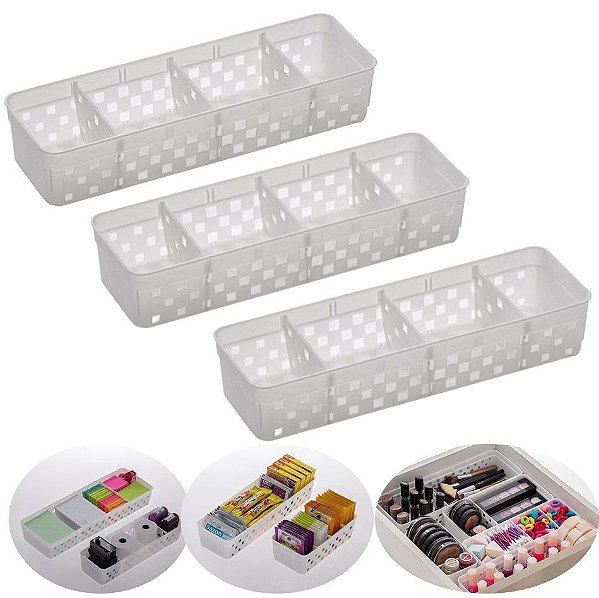 Kit 3 Cesto Organizador Plástico Divisória Modular Gaveta Multiuso Sachê - 1065 Paramount - Branco