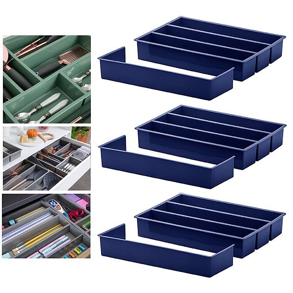 KIT 3 Organizador Divisor Gaveta Porta Utensílio Talheres Extensor 35x25x6,5cm - Paramount - Azul Marinho