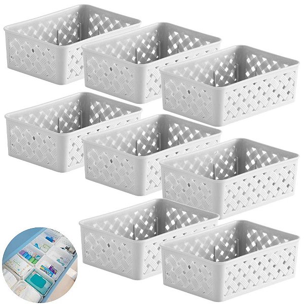 Kit 8 Cesto Organizador Gaveta Plástico Multiuso 19x13x6,5cm - 822 Paramount - Branco