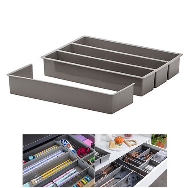 Organizador Divisor Gaveta Porta Utensílios Talheres Extensor 35x25x6,5cm - Paramount - Cinza