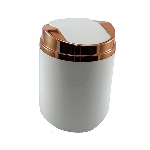 Lixeira 5 Litros Plástico Tampa Basculante Metalizada Rosé Gold Cobre Cozinha Banheiro - RDP - Branco