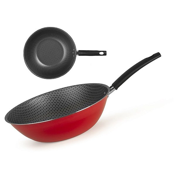Frigideira Wok Oriental Ø28cm Alumínio Antiaderente Cabo Baquelite Cozinha - 51128 Multiflon - Vermelho