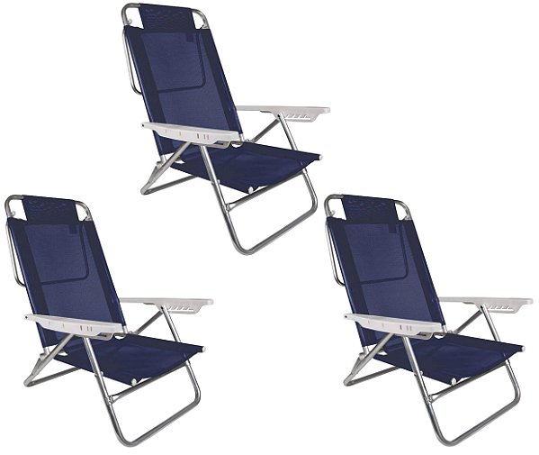 Kit 3 Cadeira Reclinável Summer 6 Posições Alumínio Praia Camping - Mor - Azul Marinho