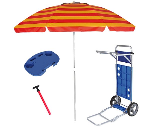 Kit Praia Guarda Sol 2,4m Carrinho Com Avanço Mesinha Para Cadeira Saca Areia Pressão - Mor - Vermelho