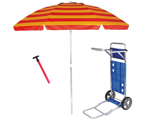 Kit Praia Guarda Sol 2,4m Carrinho Com Avanço Saca Areia Pressão - Mor - Vermelho