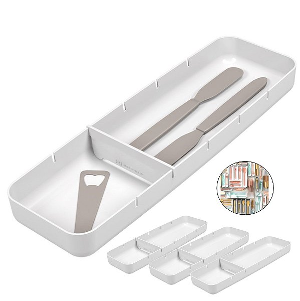 Kit 4 Organizador Talheres Com Divisória Gaveta Faca Garfo Colher Cozinha Perfect - Coza - Branco