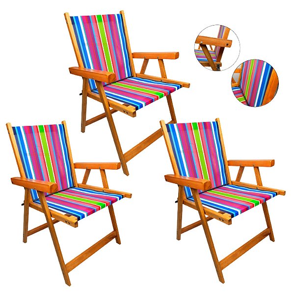 Kit 3 Cadeira De Madeira Dobrável Para Lazer Jardim Praia Piscina Camping - AMZ - Rosa