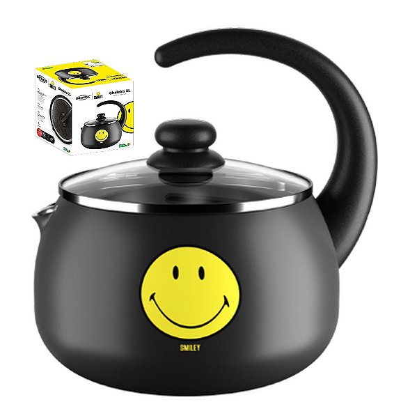 Chaleira Smiley Alumínio 2 Litros Chá Café Com Tampa Vidro Cozinha - 7104 Brinox - Preto