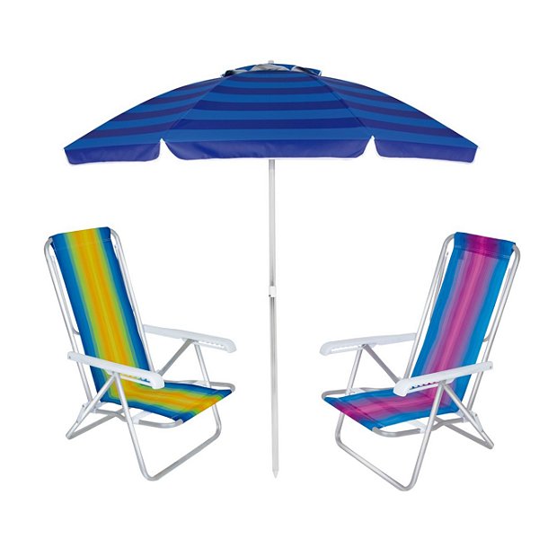 Kit Praia Guarda Sol Alumínio Articulado 2m Cadeira Reclinável 8 Posições - Mor - Azul