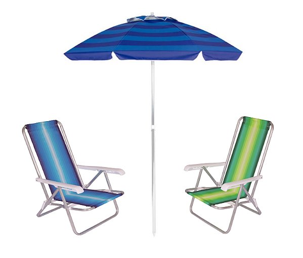 Kit Praia Guarda Sol Alumínio Articulado 2m Cadeira Reclinável 4 Posições - Mor - Azul