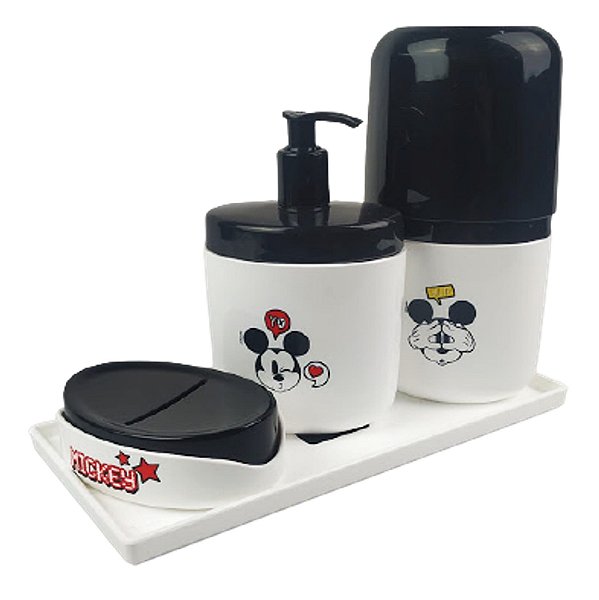 Kit Dispenser Sabonete Líquido + Porta Escova Creme Dental + Saboneteira Mickey + Bandeja Banheiro - Coza