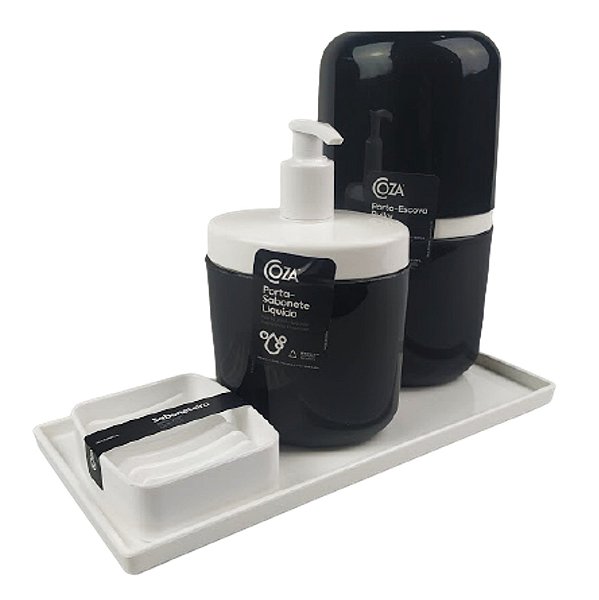 Kit Dispenser Sabonete Líquido + Porta Escova Creme Dental + Saboneteira Full + Bandeja Banheiro - Coza