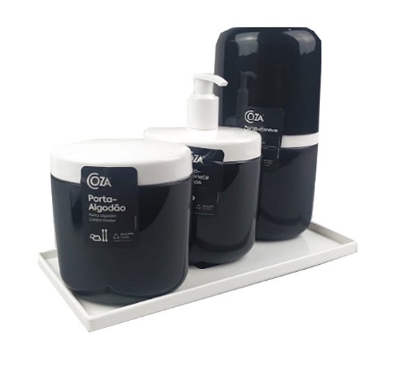 Kit Dispenser Sabonete Líquido + Porta Escova Creme Dental + Suporte Algodão Full + Bandeja Banheiro - Coza