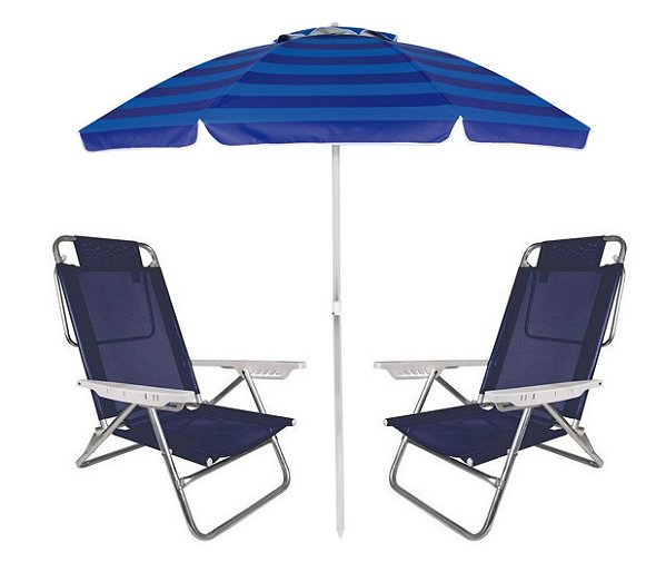 Kit Praia Guarda Sol Alumínio Articulado 2m Cadeira Reclinável Summer 6 Posições - Mor - Azul Marinho