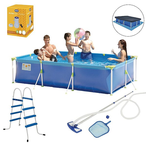 Kit Piscina 3700l Estruturada + Capa + Forro + Escada 3 Degraus + Filtro Bomba + Kit Limpeza Manutenção - Mor - 220v