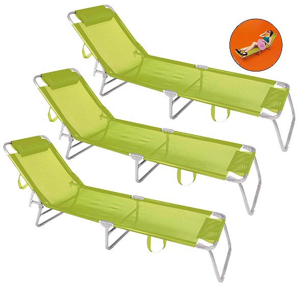 Kit 3 Cadeira Espreguiçadeira 4 Posições Alumínio Para Jardim Praia Piscina - Mor - Verde Limão