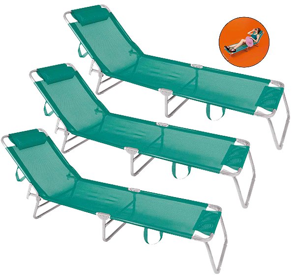Kit 3 Cadeira Espreguiçadeira 4 Posições Alumínio Para Jardim Praia Piscina - Mor - Turquesa