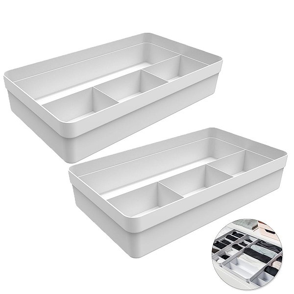 Kit 2 Organizadores de Gaveta Com Divisórias Multiuso Porta Utensílios Plástico Banheiro Cozinha Quarto - OU - Branco