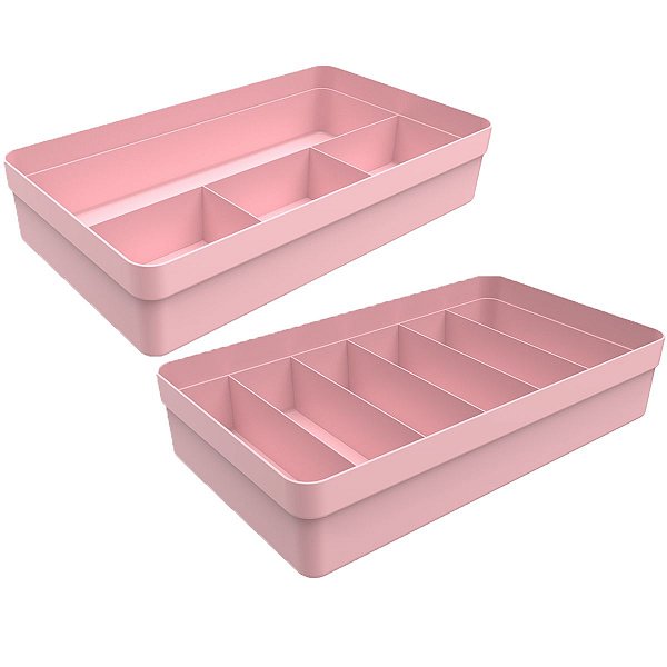 Kit 2 Organizadores Gaveta Com Divisórias Multiuso Porta Utensílios Cozinha Banheiro Quarto - Ou - Rosa