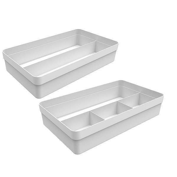 Kit 2 Organizadores de Gaveta Com Divisórias Multiuso Porta Utensílios Plástico Cozinha Banheiro Quarto - OU - Branco