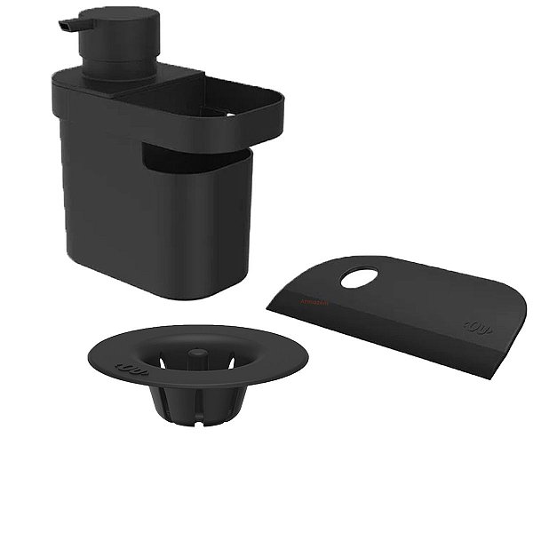 KIT Dispenser Detergente Líquido Organizador Filtro Ralo Rodo Pia Cozinha Preto - Ou