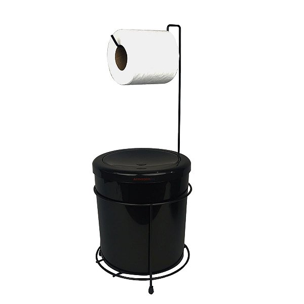 Suporte Porta Papel Higiênico Com Lixeira 5 Litros Basculante Redonda Cesto Lixo Chão Banheiro Preto - 452 AMZ